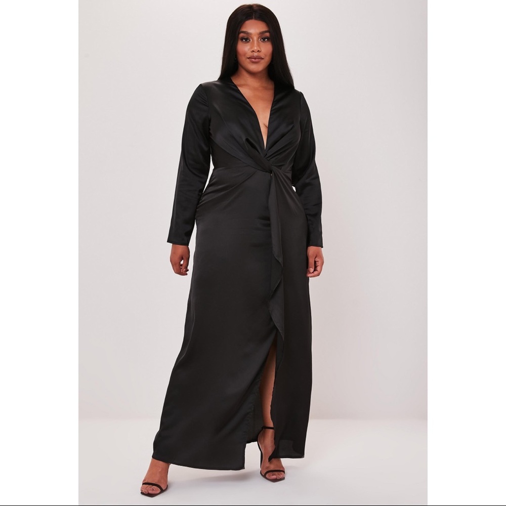 Black Satin Thigh Split Maxi Dress